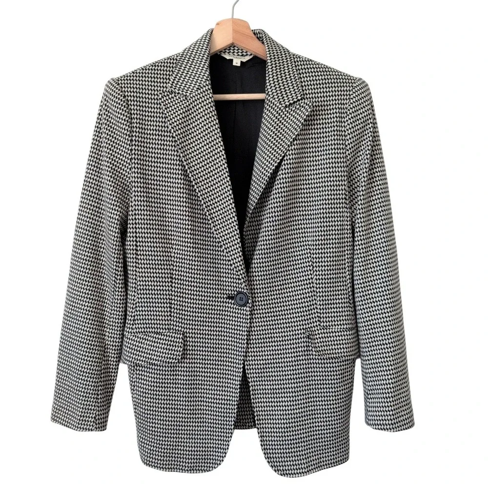 MAX STUDIO LONDON Houndstooth Blazer Jacket Women M Black White Classic Longline